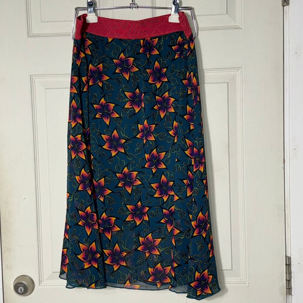LuLaRoe Lola Chiffon Teal Tropical Floral Skirt Sz XLarge